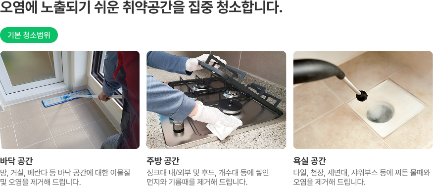 오염에 노출되기 쉬운 취약공간을 집중 청소합니다.